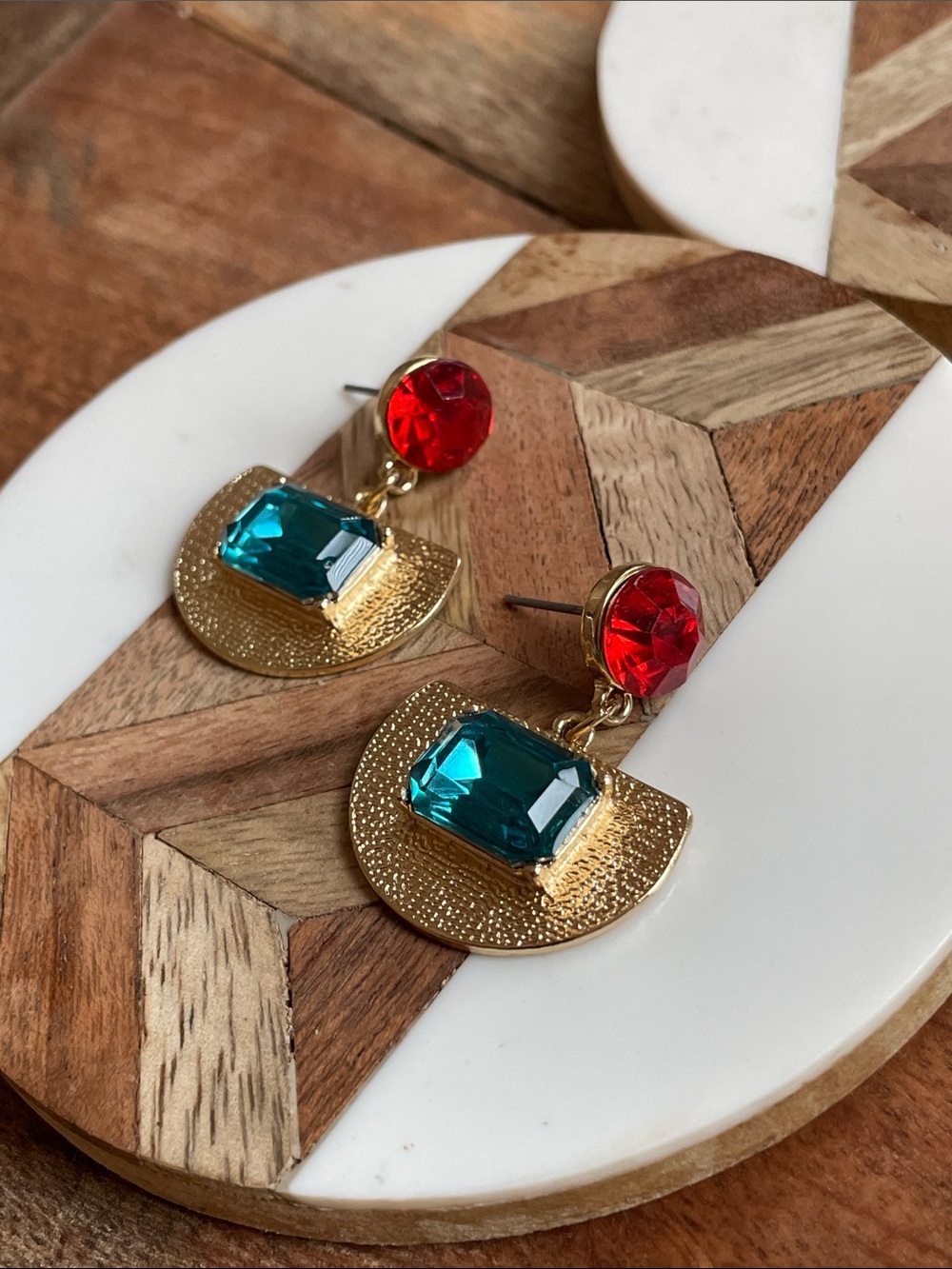 Gold Drop Earrings with Teal and Red Gemstones - Women Jewelry